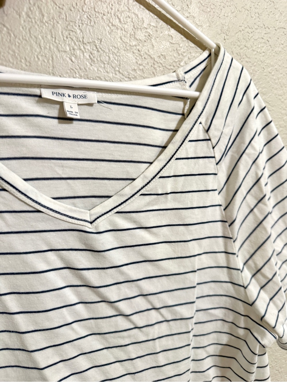 Pink Rose White V-Neck Cropped Tee with Navy Stripes